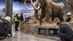 Installation team inspecting anchorage and service access around a museum animatronic