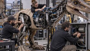 Mechanical, pneumatic, and controls technicians integrating a large animatronic creature