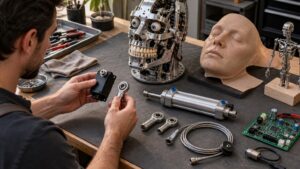 Animatronic mechanisms, actuators, joints, controls, and skin components arranged on a workshop bench