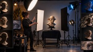 Character-lighting workshop demonstrating key, fill, rim, bounce, flags, colored fixtures, and eye-light tests on a creature bust