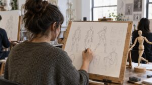 Beginner artist blocking several character bodies with simple masses, landmark lines, and head-unit guides
