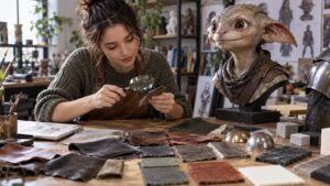 Beginner character artist studying realistic skin, cloth, leather, metal, and painted foam samples beside a creature bust