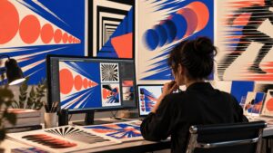 Graphic designer developing dynamic poster variations with repeated forms, directional type, speed lines, and layered depth