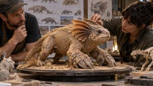 Creature effects team reviewing an expressive desert burrower maquette from multiple angles