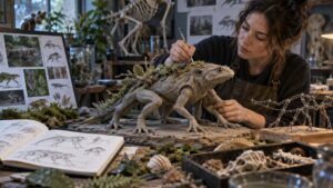 Creature artist sculpting an original moss-backed amphibious animal from anatomical references