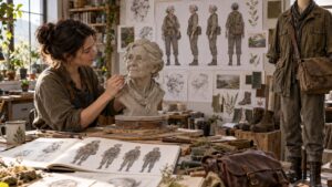 Artist developing an older field botanist through portrait sculpture, turnarounds, and wardrobe studies