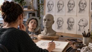 Artist using a mirror and clay head to study brows, eyelids, cheeks, mouth, jaw, and head tilt