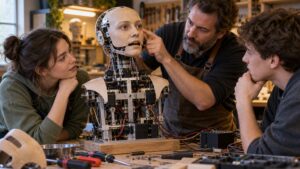 Experienced builder explaining the mechanisms inside an animatronic bust to two beginners