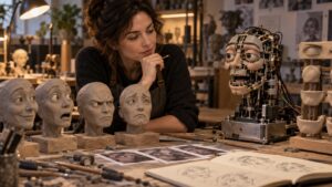 Character designer comparing expressive clay face studies beside a compact animatronic head mechanism