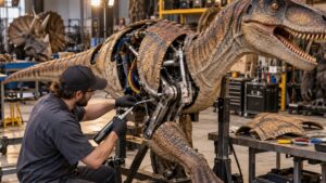 Technician performing preventive maintenance on an animatronic dinosaur