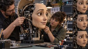 Animatronics technicians adjusting brow, eyelid, cheek, lip-corner, and jaw mechanisms in an expressive character head