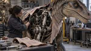 Technician inspecting the internal mechanisms of a weathered animatronic creature