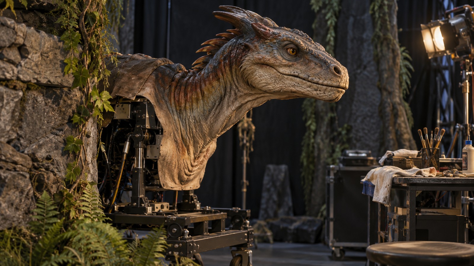 Partial creature neck and head rig emerging from scenery on a practical effects stage