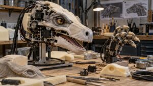 Partial creature head and hand animatronic mechanisms on a fabrication bench