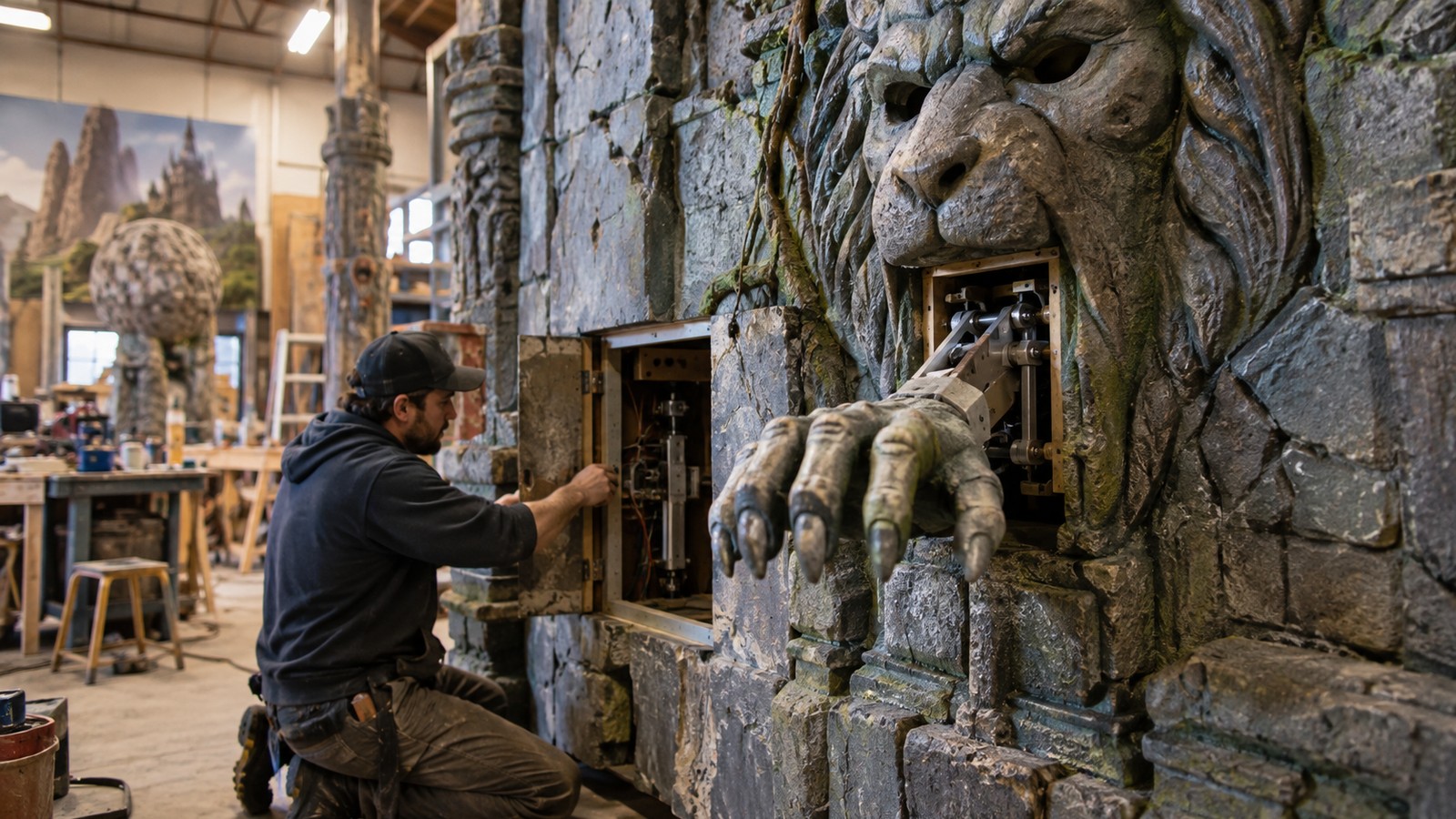 Static scenic wall prop with a creature hand mechanism emerging from an access opening