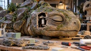 Hybrid scenic creature prop with a visible eyelid mechanism inside a workshop access opening