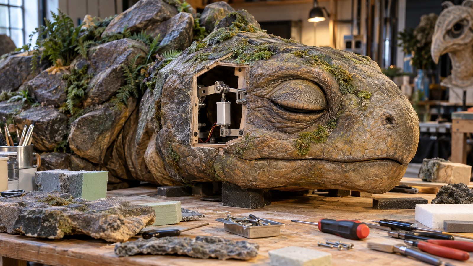 Hybrid scenic creature prop with a visible eyelid mechanism inside a workshop access opening