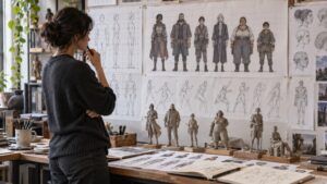 Character artist comparing proportional grids, varied body types, gesture studies, and three-dimensional maquettes