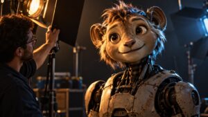 Lighting designer shaping a distinctive warm-and-cool portrait look on an original animatronic character in a dark studio
