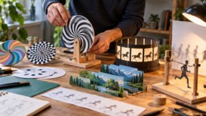 Beginner motion-illusion workshop with spinning disks, layered scenery, light tests, and a small moving figure