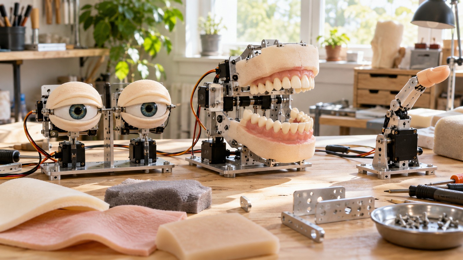 Beginner partial animatronic eye, jaw, and finger modules on a bright workbench