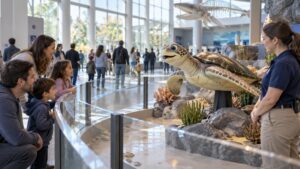 Families viewing a safely separated animatronic sea turtle in a public museum gallery