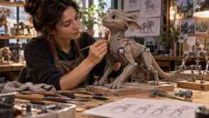Sculptor shaping a creature maquette around visible joint markers and a compact articulated armature