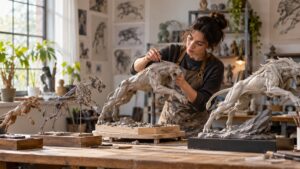 Artist developing a dynamic leaping creature sculpture from gesture maquette to refined production model