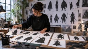 Character designer comparing bold black silhouette thumbnails for a cast of original fantasy mechanics